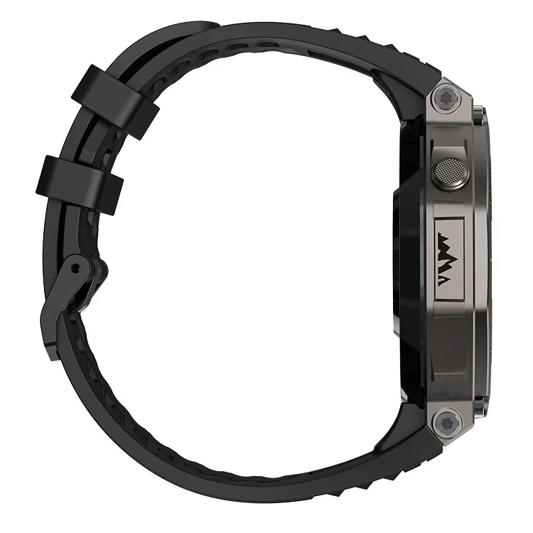 Black and silver Praxia GPS Sports Smartwatch case on a white background