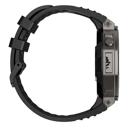 Black and silver Praxia GPS Sports Smartwatch case on a white background