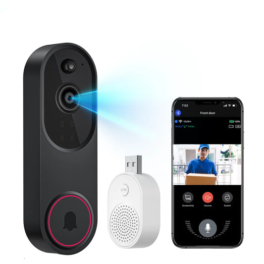 Praxia Video Doorbell Camera system with camera, speaker, and smartphone app interface on a white background