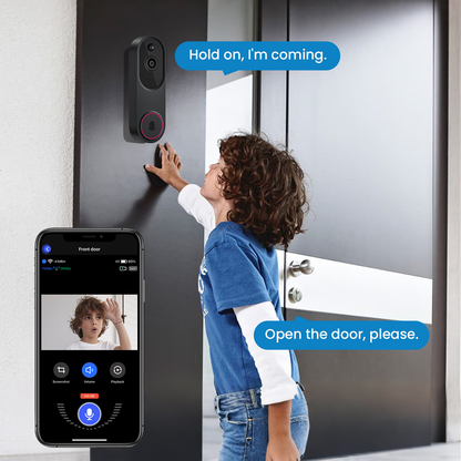 Praxia Video Doorbell Camera with smartphone app interface and child interacting with it.