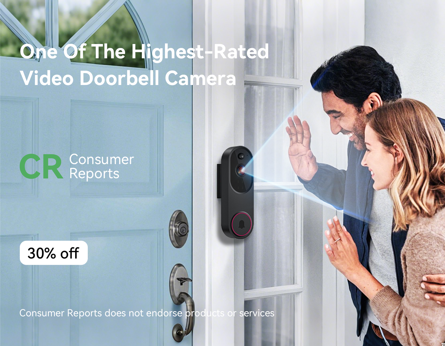 Advertisement for a video Praxia Doorbell Camera with a couple looking through a glass door.