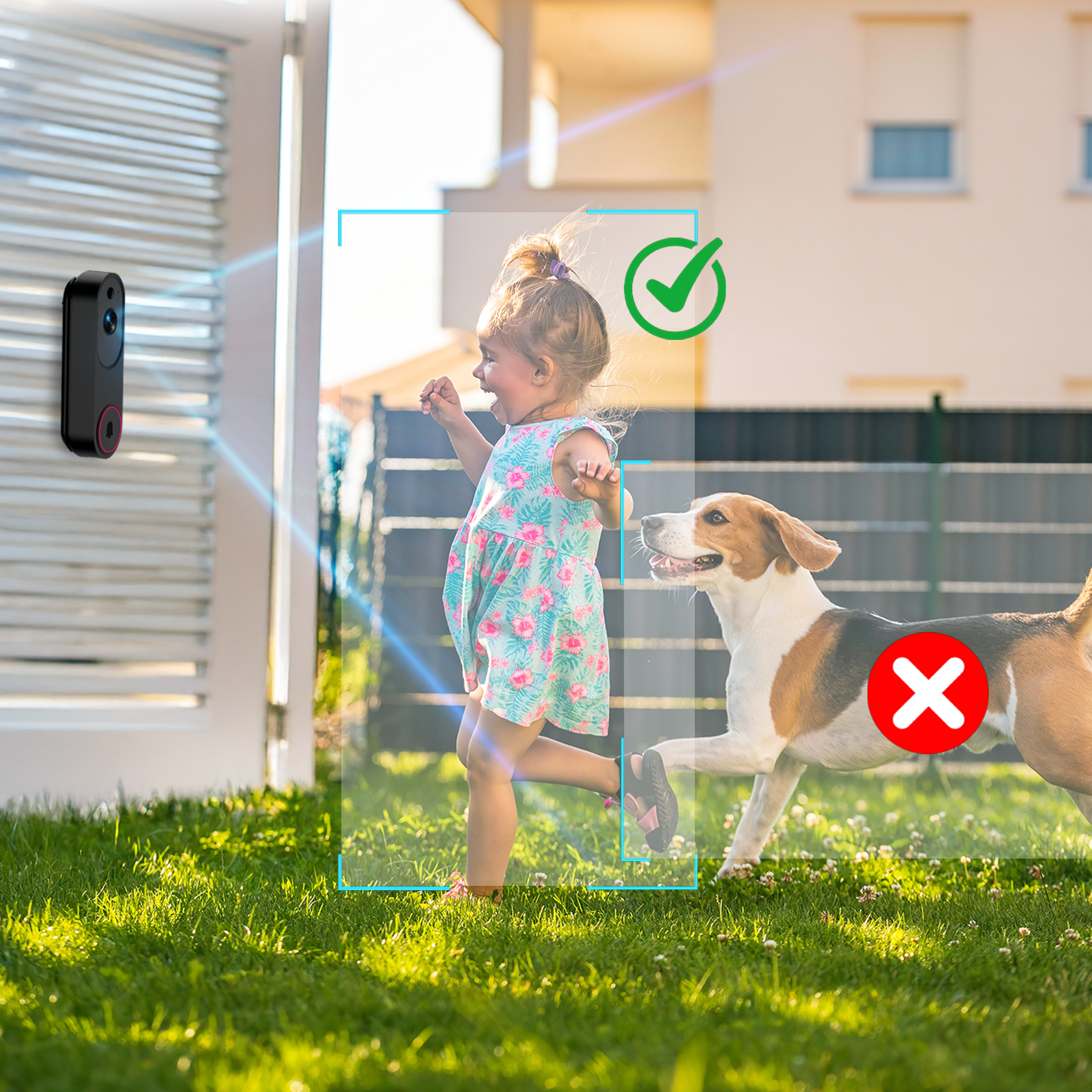 Child running with a dog in a grassy area, with a security Praxia Video Doorbell Camera and green check mark indicating safety.