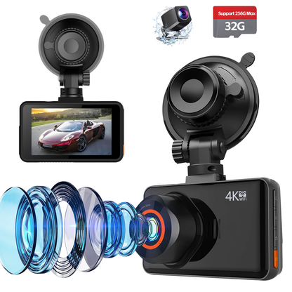 Car Sekoda 4K Dash Cam with screen displaying a car, lens diagram, and memory card on a white background