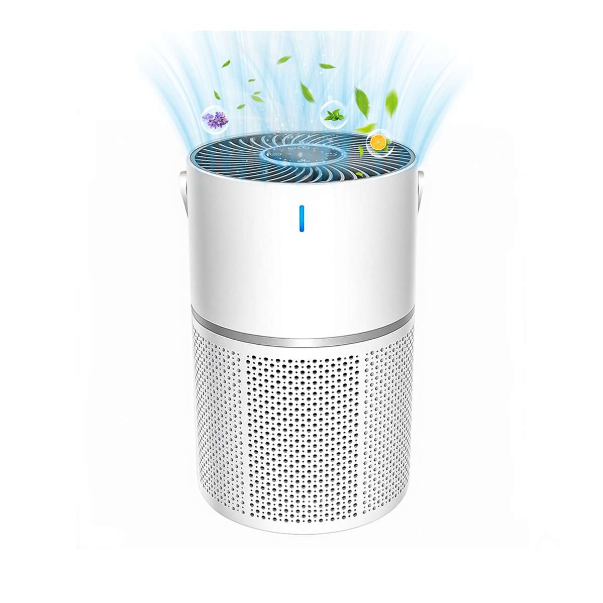 A white cylindrical Sekoda Air Purifier with a perforated lower grille and a blue indicator light, shown on a white background with blue airflow and green leaf graphics emerging from the top.