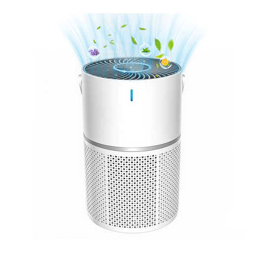 A white cylindrical Sekoda Air Purifier with a perforated lower grille and a blue indicator light, shown on a white background with blue airflow and green leaf graphics emerging from the top.