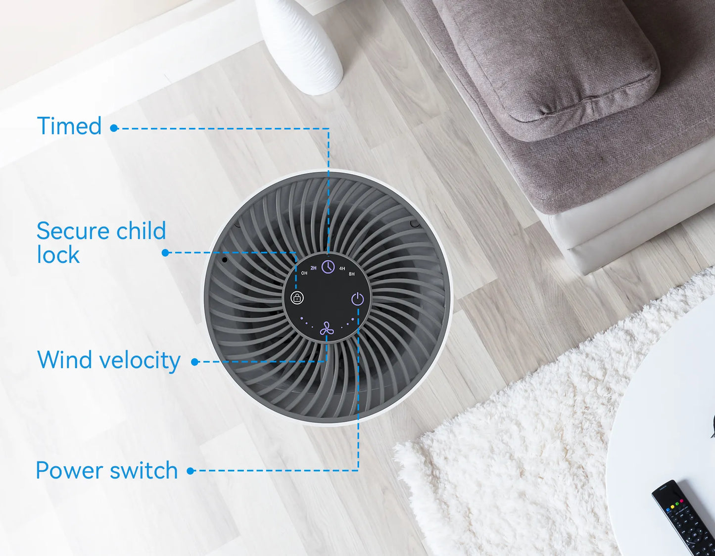 Sekoda Air Purifier on a wooden floor with labeled features in a living room setting