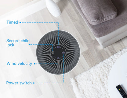 Sekoda Air Purifier on a wooden floor with labeled features in a living room setting
