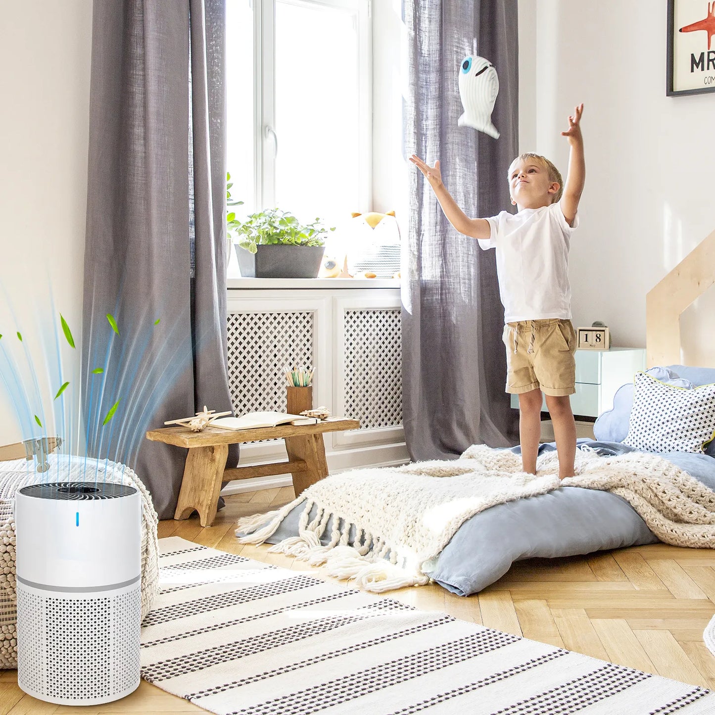 Child playing with a toy in a room with an Sekoda Air Purifier on a rug.