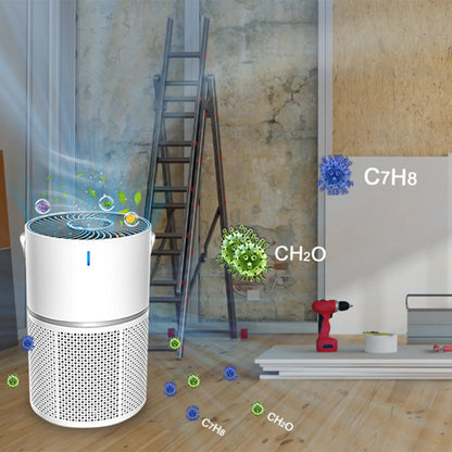 Sekoda Air Purifier in a room with construction elements and chemical symbols on the wall.