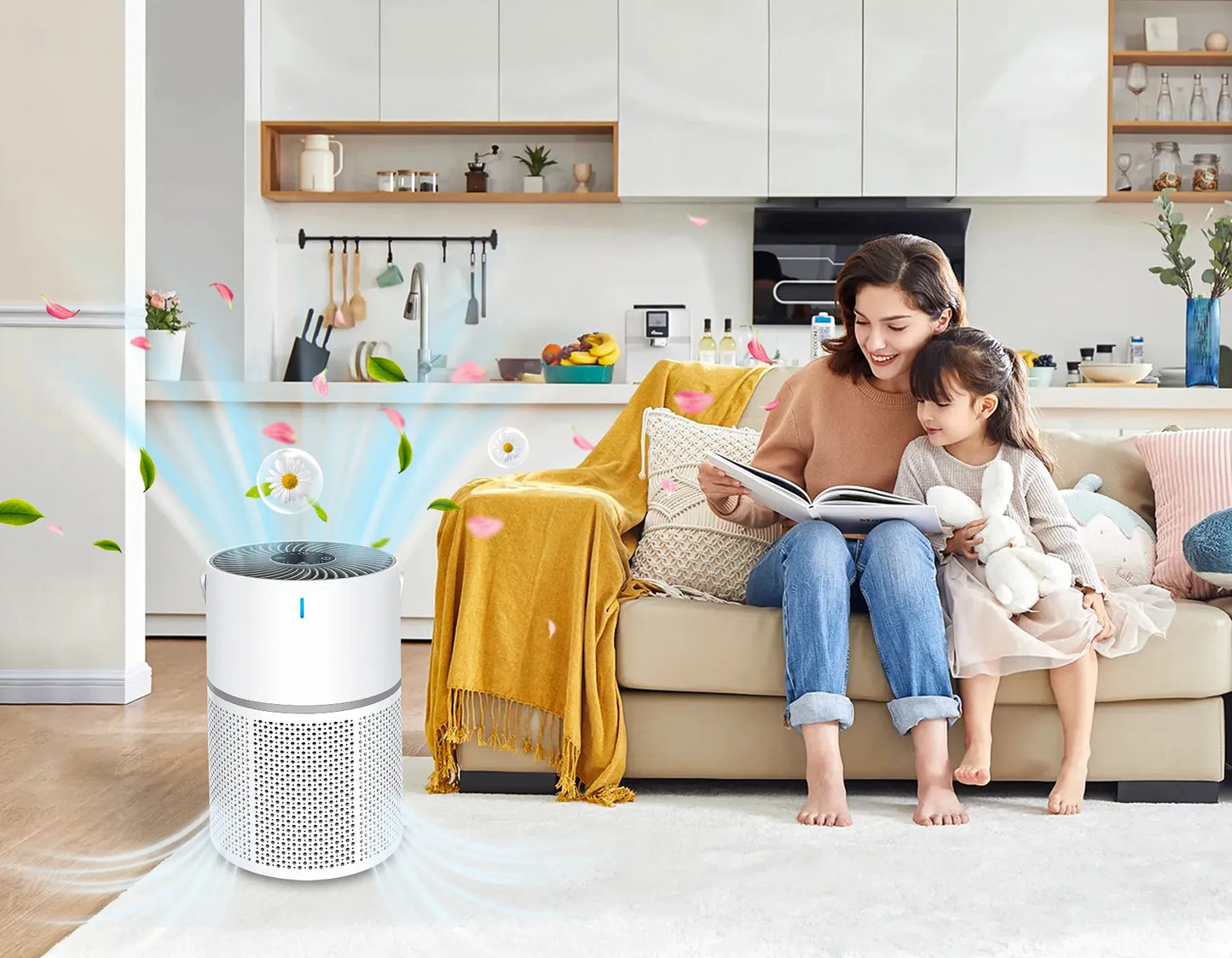 A white cylindrical Sekoda Air Purifier is shown in a bright living room with a woman and child sitting on a beige sofa reading, while stylized airflow and flower graphics suggest clean air circulation. The product is positioned in the lower-left foreground.