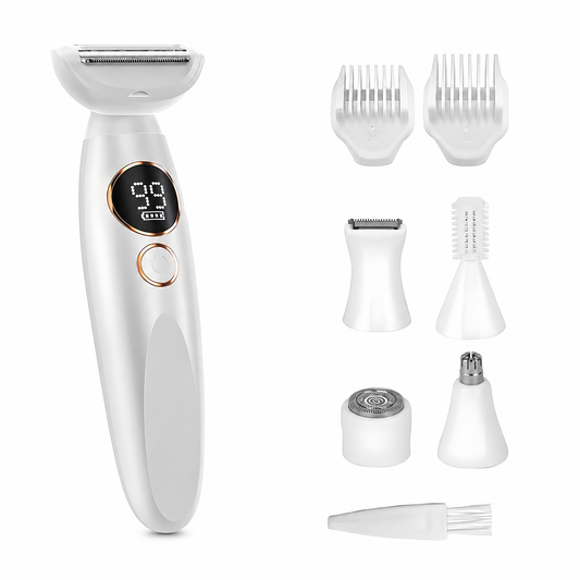 A white Sekoda Bikini Trimmer and body shaver with a digital display and rose gold button, shown alongside multiple white attachment heads and a cleaning brush on a plain white background.