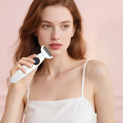 woman holding a white Sekoda Bikini Trimmer device against a pink background