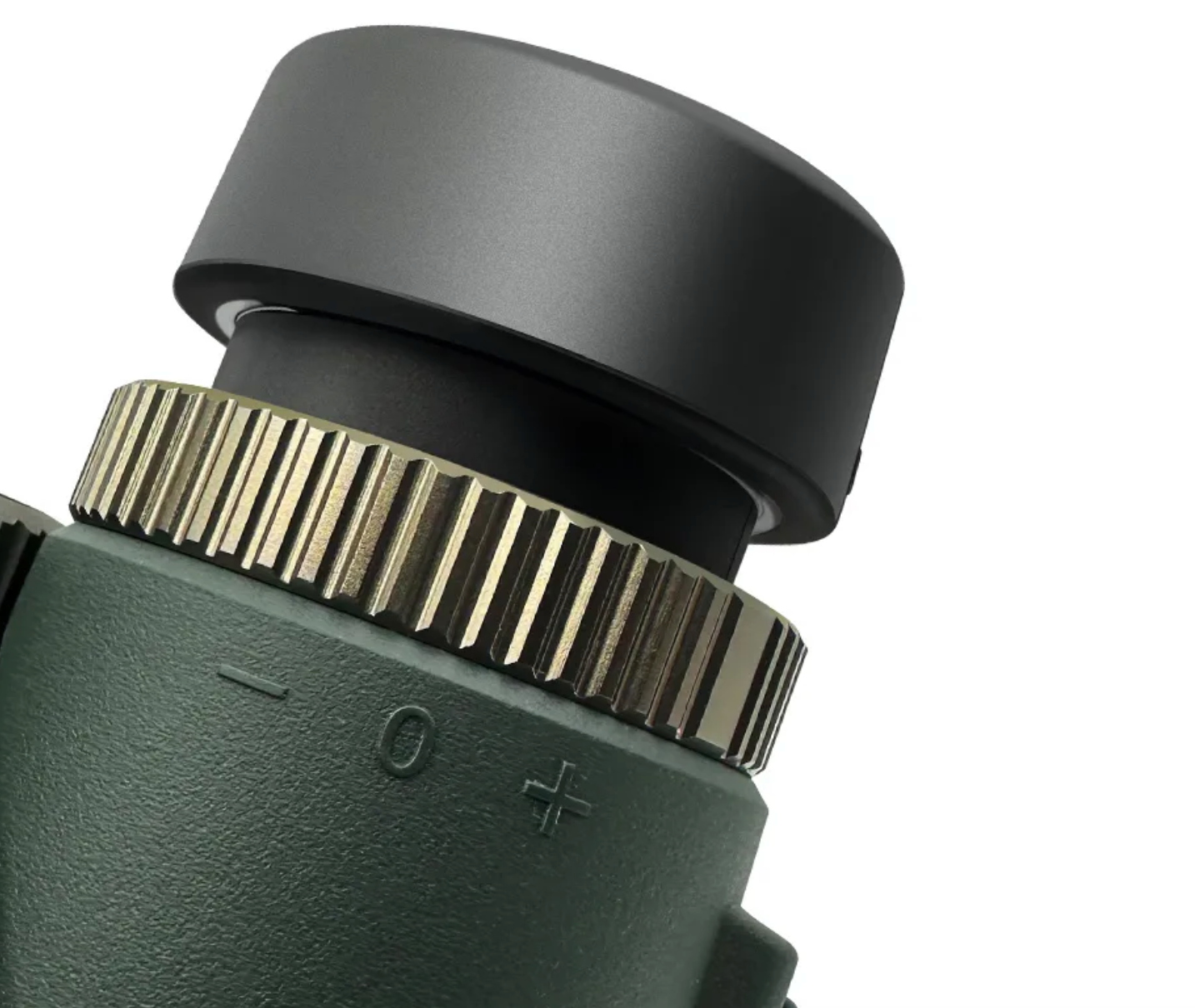 Close-up of a Sekoda Binoculars Talon HD lens with a black and gold design on a white background