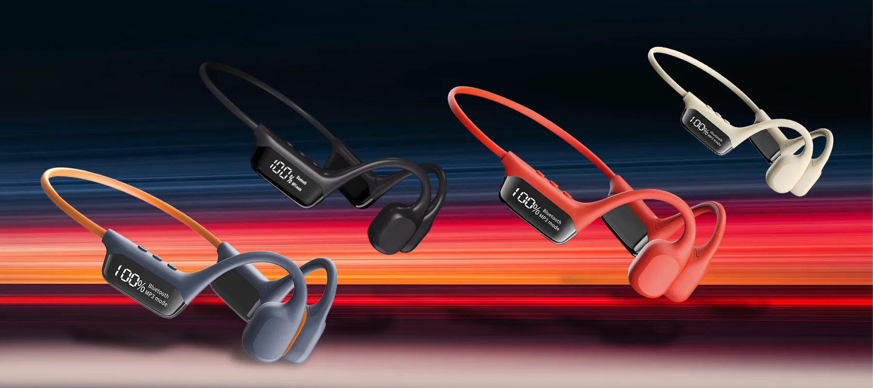 Three pairs of Sekoda Bone Conduction Headphones in black, red, and white on a colorful gradient background.
