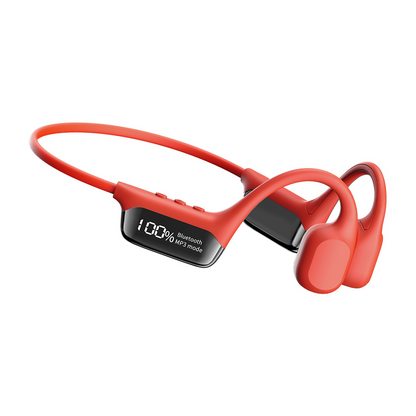 Red Sekoda Bone Conduction Headphones with a charging case on a white background