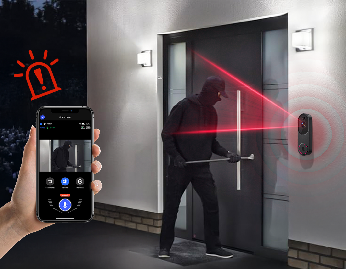 Person using a smartphone app to control a Sekoda Doorbell system with a laser pointer feature.