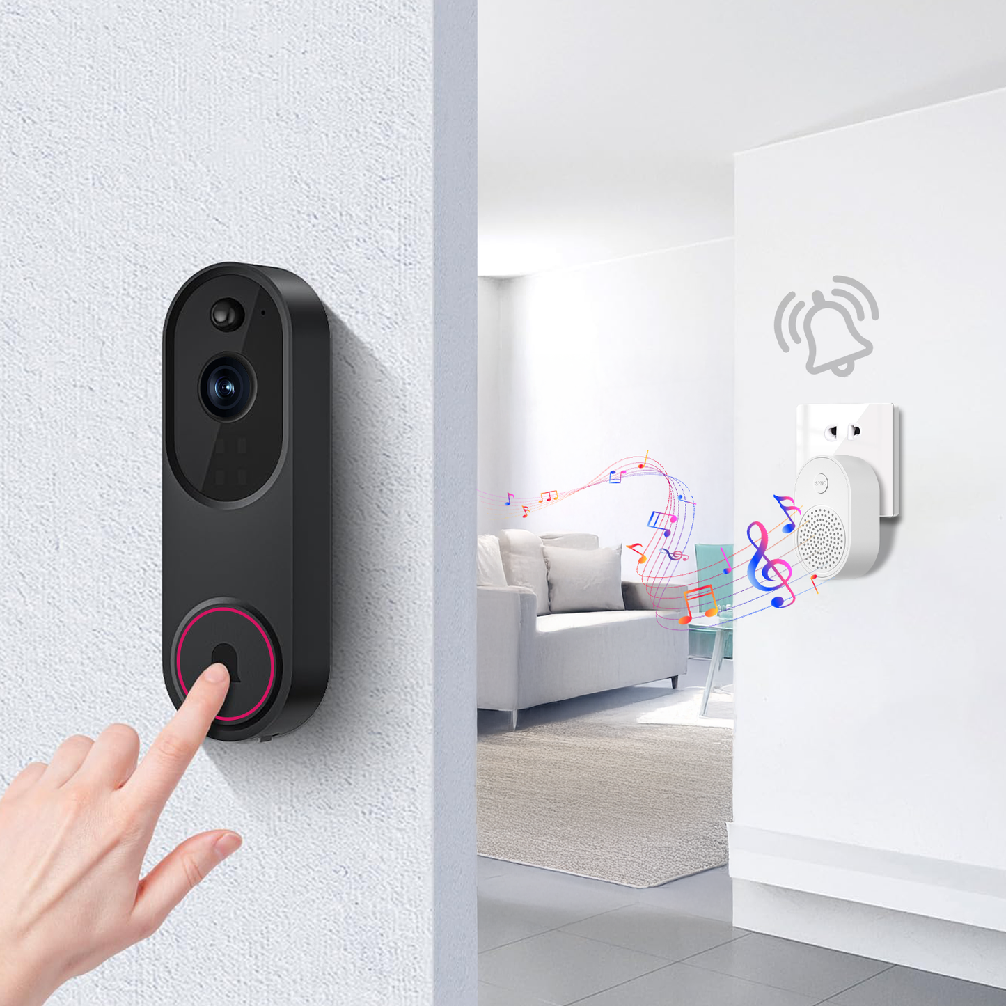 Sekoda Doorbell with hand pressing button, interior room in background