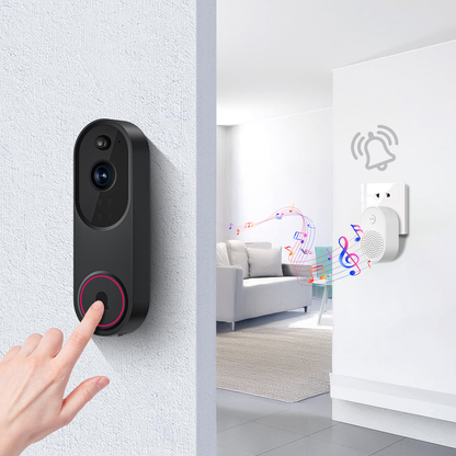 Sekoda Doorbell with hand pressing button, interior room in background