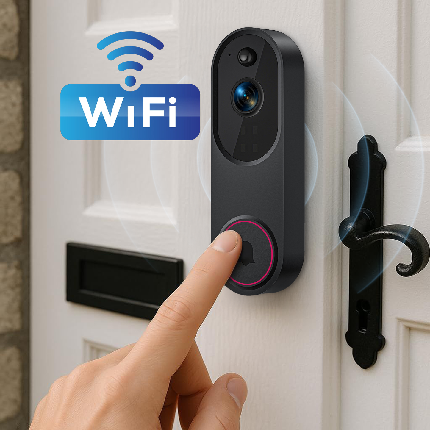 Sekoda Doorbell with WiFi icon on a door, hand pressing button