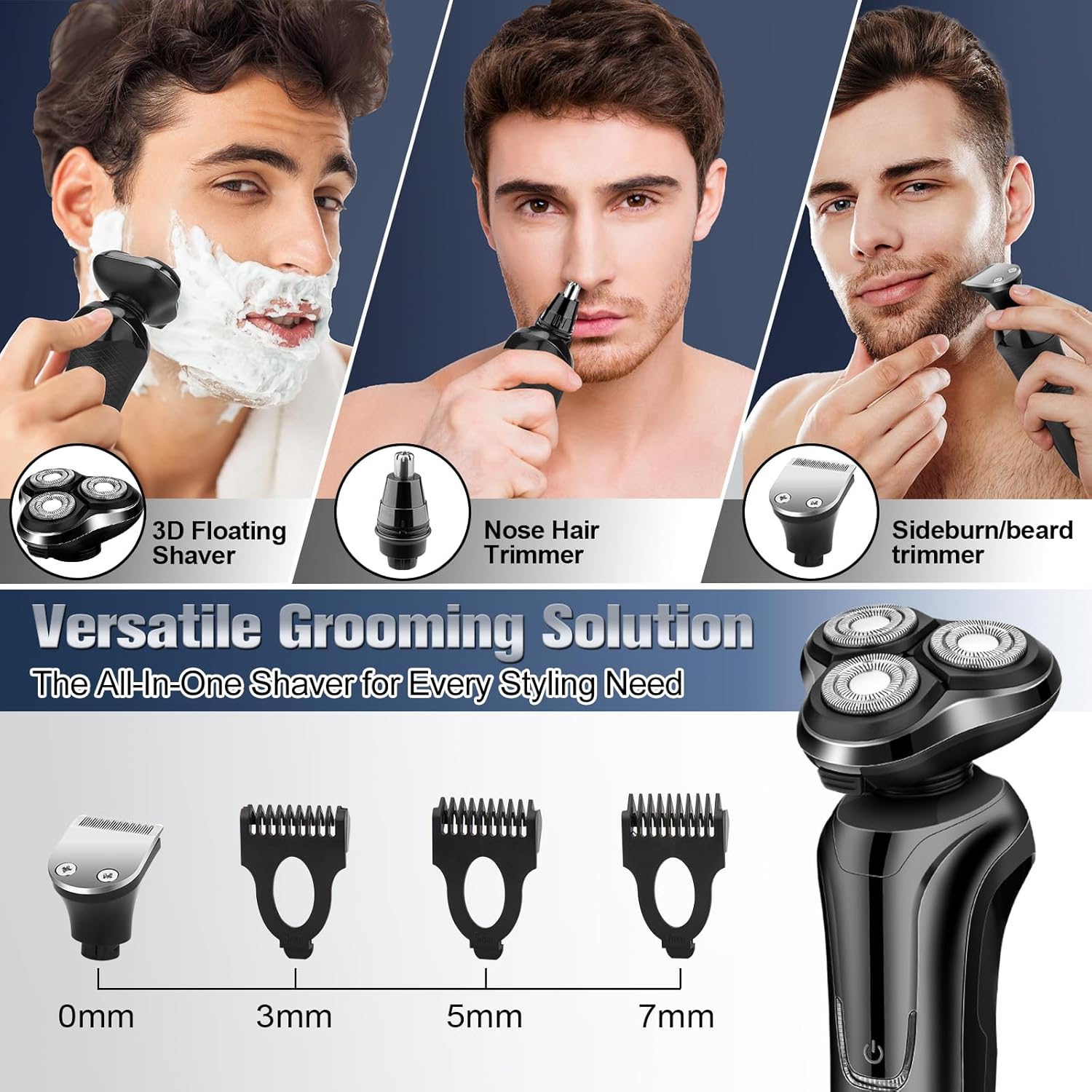 Black 3-in-1 Sekoda Electric Shaver Pro8 shown with multiple grooming attachments and a close-up of the head. The collage includes three male models demonstrating use on face, beard, and nose hair, with feature callouts for 3D floating shaver head, nose hair trimmer, and sideburn/beard trimmer.