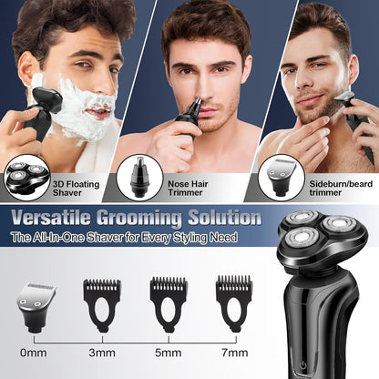 Black 3-in-1 Sekoda Electric Shaver Pro8 shown with multiple grooming attachments and a close-up of the head. The collage includes three male models demonstrating use on face, beard, and nose hair, with feature callouts for 3D floating shaver head, nose hair trimmer, and sideburn/beard trimmer.