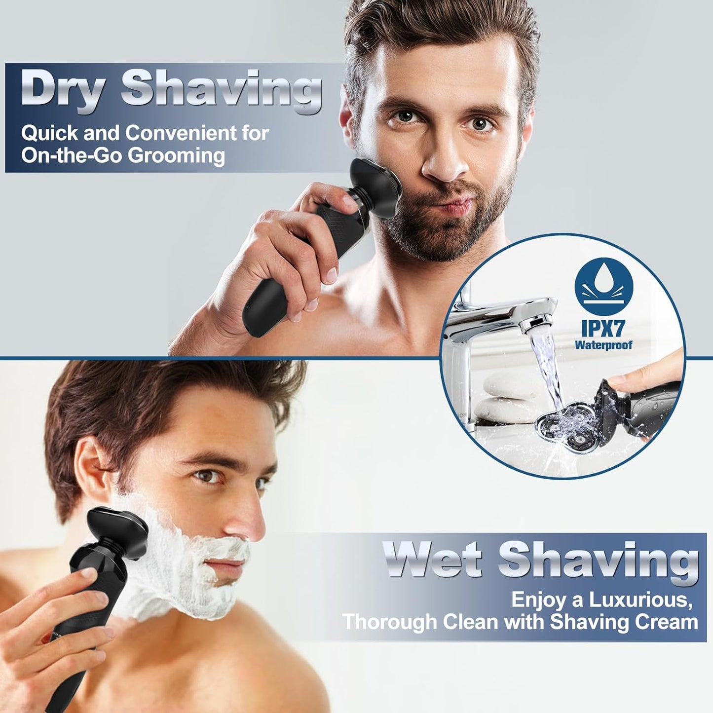 Advertisement for a dry and wet shaving Sekoda Electric Shaver Pro8 with a man using the device.