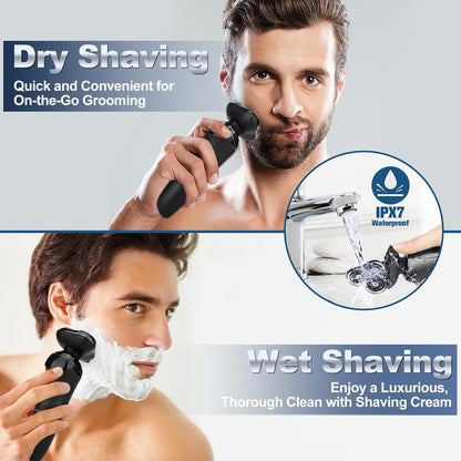 Advertisement for a dry and wet shaving Sekoda Electric Shaver Pro8 with a man using the device.