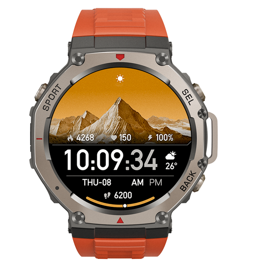 Sekoda GPS Smartwatch with orange band and mountain display on a white background
