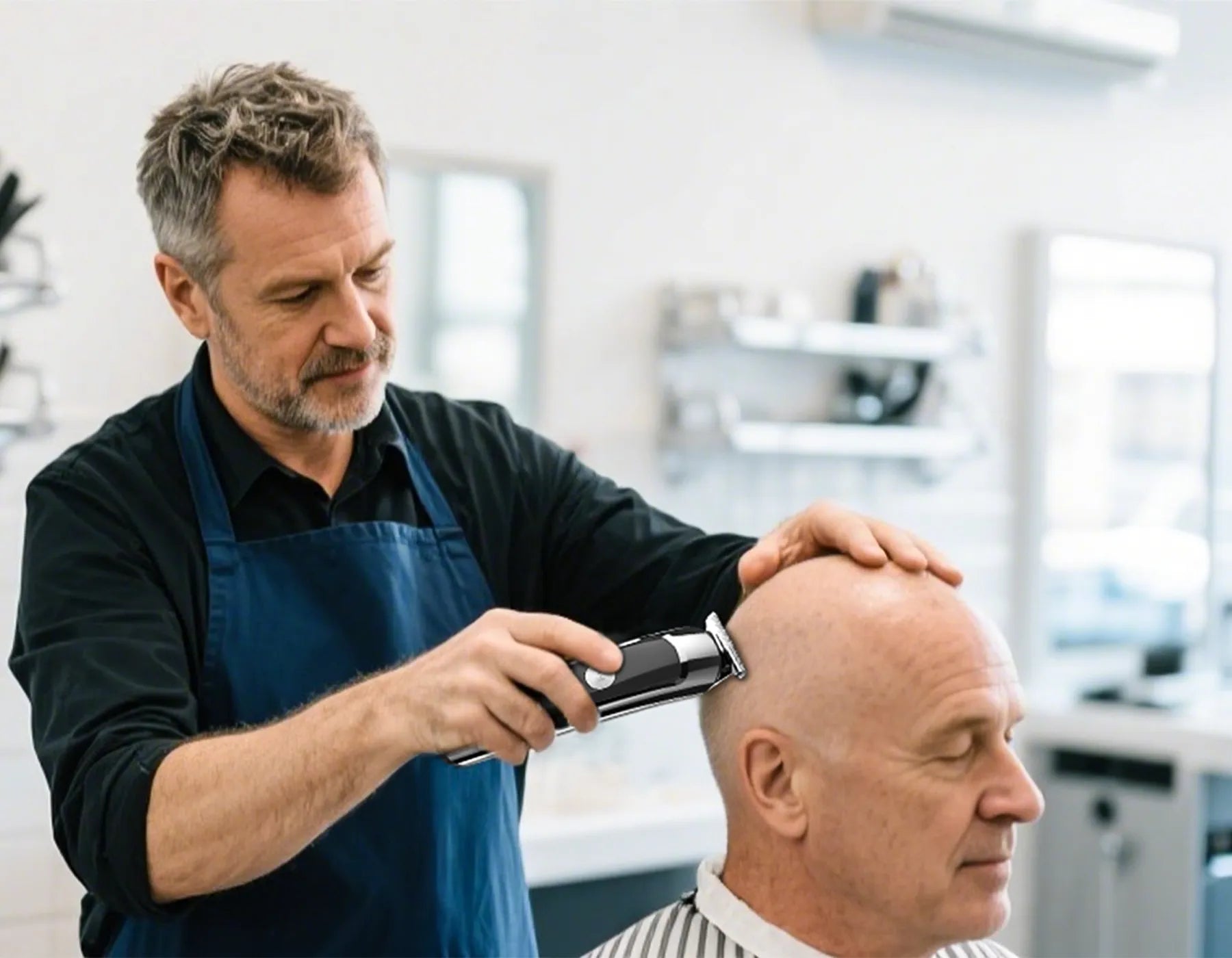 A man in a barbershop setting using a black and silver electric clipper to shave a bald client's head. The barber is wearing a dark blue apron over a black shirt.
