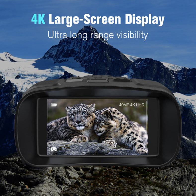A black 4K large-screen display Sekoda Night Vision Binoculars shown in front of a snowy mountain landscape, with text reading '4K Large-Screen Display' and 'Ultra long range visibility.' The screen displays a photo of two snowcats.