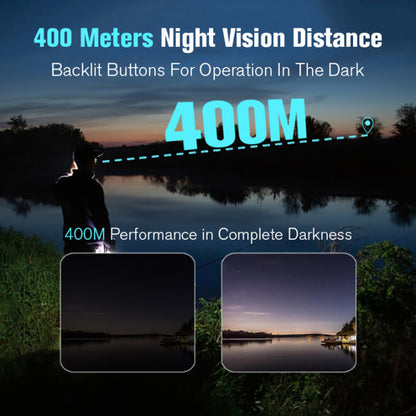 Promotional graphic for a Sekoda Night Vision Binoculars showing a dark outdoor lake scene at dusk, large cyan text reading '400 Meters Night Vision Distance,' smaller text about backlit buttons for operation in the dark, two small preview images of low-light lake scenes, and a large '400M' overlay.