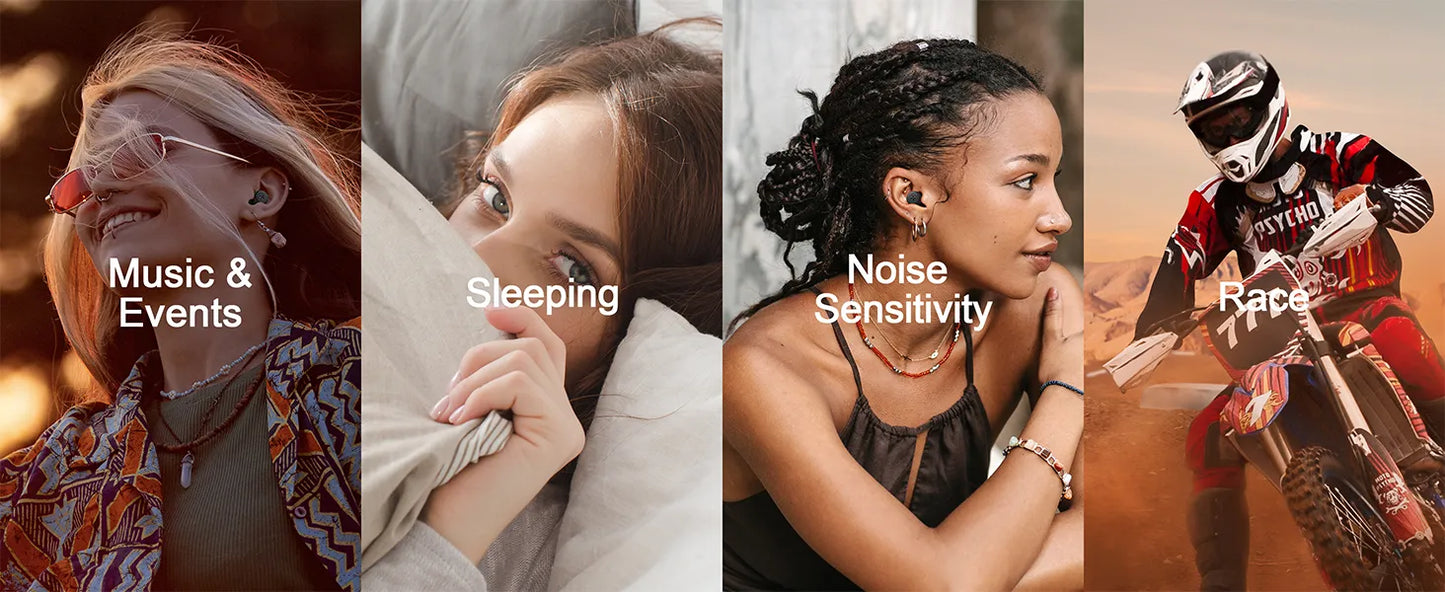 Five different scenarios with text labels: Music & Events, Sleeping, Noise Sensitivity, Race.