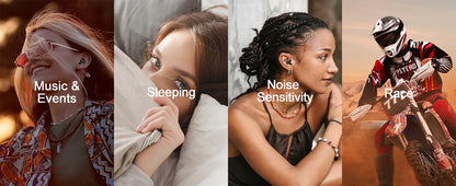 Five different scenarios with text labels: Music & Events, Sleeping, Noise Sensitivity, Race.