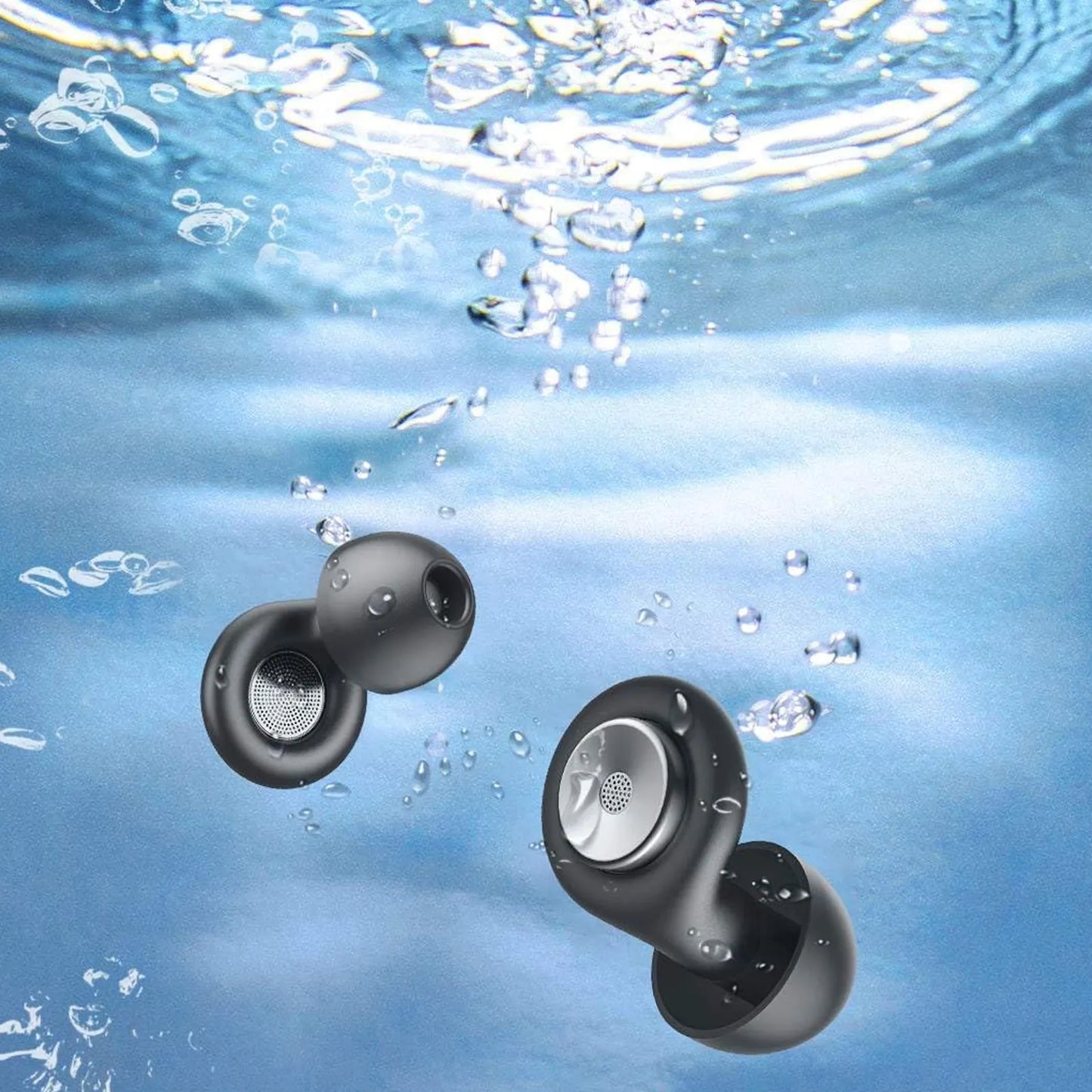 Black Sintra Noise Cancelling Earplugs floating underwater with bubbles