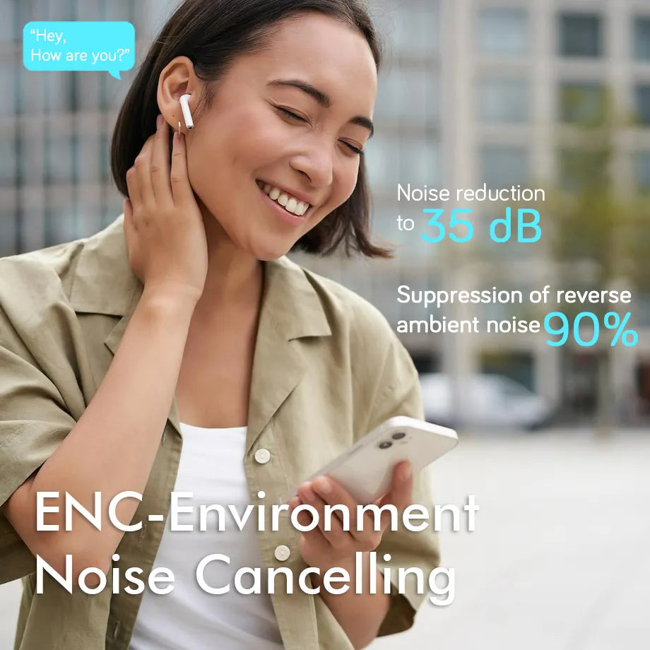 Woman using Smaven ComfortMax Buds 3 with text highlighting noise reduction features.