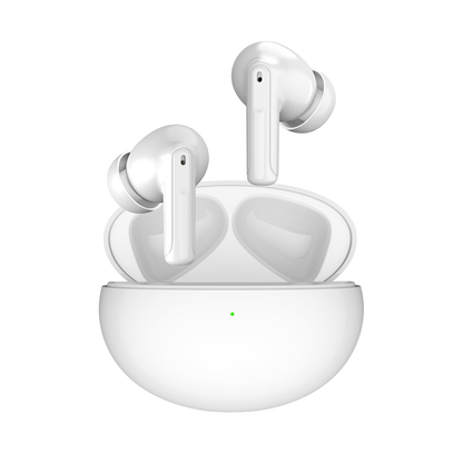 White Smaven ComfortMax Buds 3 with charging case on a white background