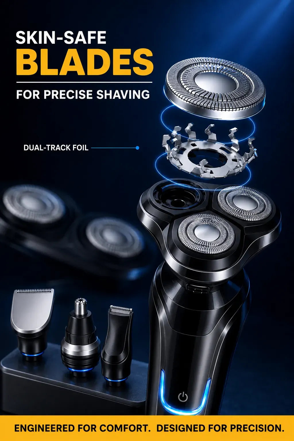 Black and silver Smaven Electric Shaver Pro8 with an exploded view of skin-safe blades and dual-track foil, shown with multiple grooming attachments on a dark blue background with promotional text.