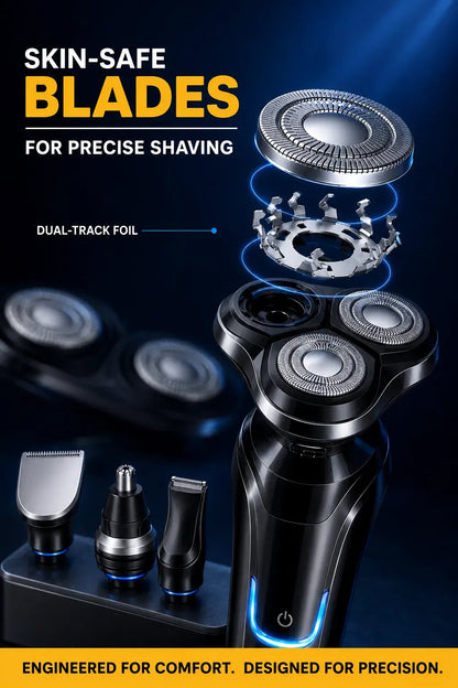 Black and silver Smaven Electric Shaver Pro8 with an exploded view of skin-safe blades and dual-track foil, shown with multiple grooming attachments on a dark blue background with promotional text.