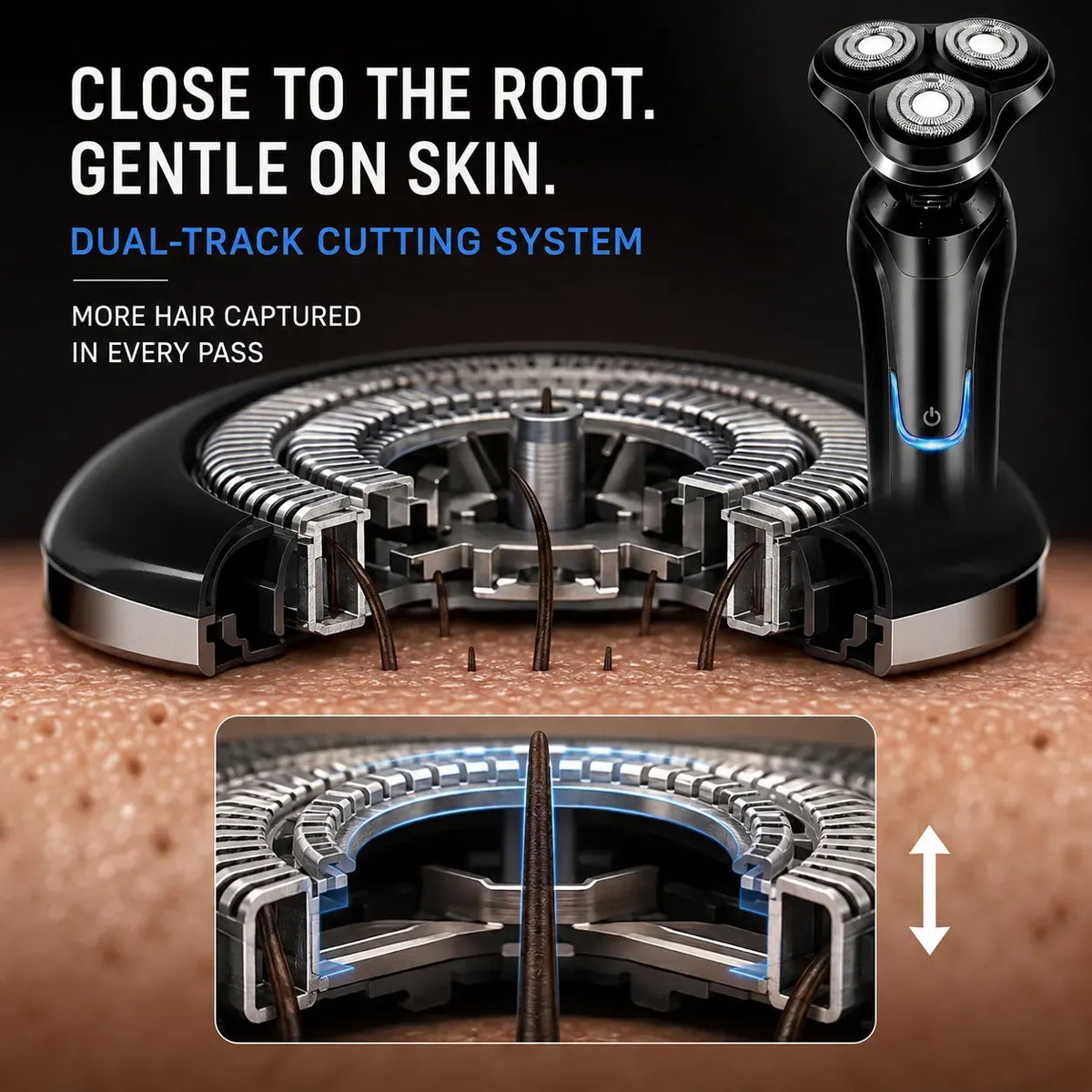 Close-up promotional graphic for an Smaven Electric Shaver Pro8 head showing a black and silver dual-tracking shaving head above skin, with marketing text about close-to-root gentle shaving and a cross-section inset explaining the cutting system.