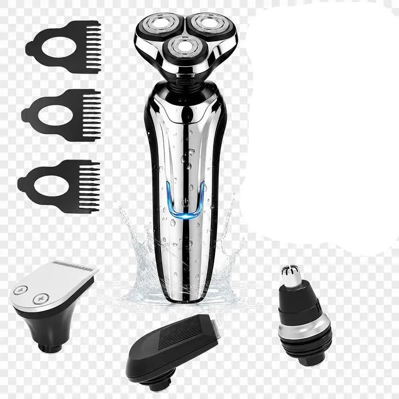 A three-head Smaven Electric Shaver Pro8 for men shown with its retail box, three black comb guards, a trimmer attachment, and a nozzle attachment on a transparent/checkered background. The shaver body is metallic silver with black accents and a blue illuminated detail.