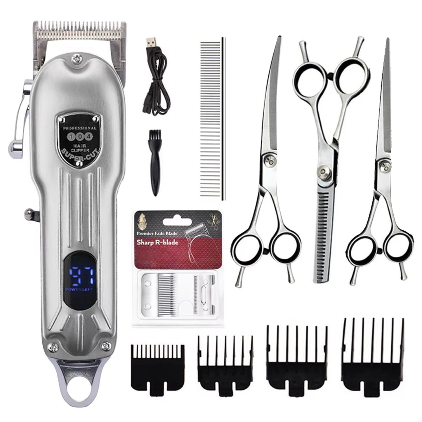 Snipawsi Pet Hair Clippers, scissors, and attachments on a white background