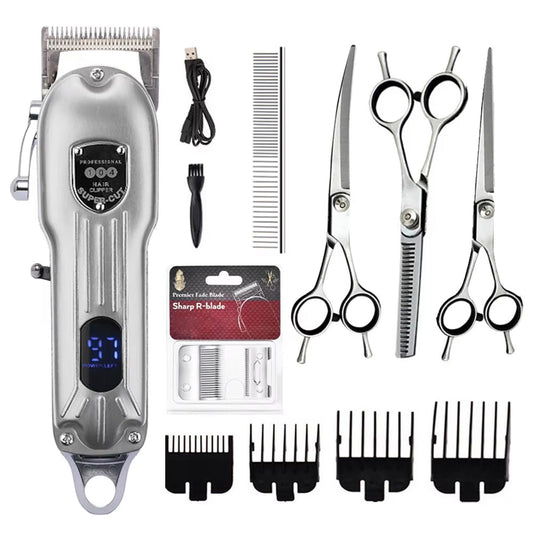 Snipawsi Pet Hair Clippers, scissors, and attachments on a white background