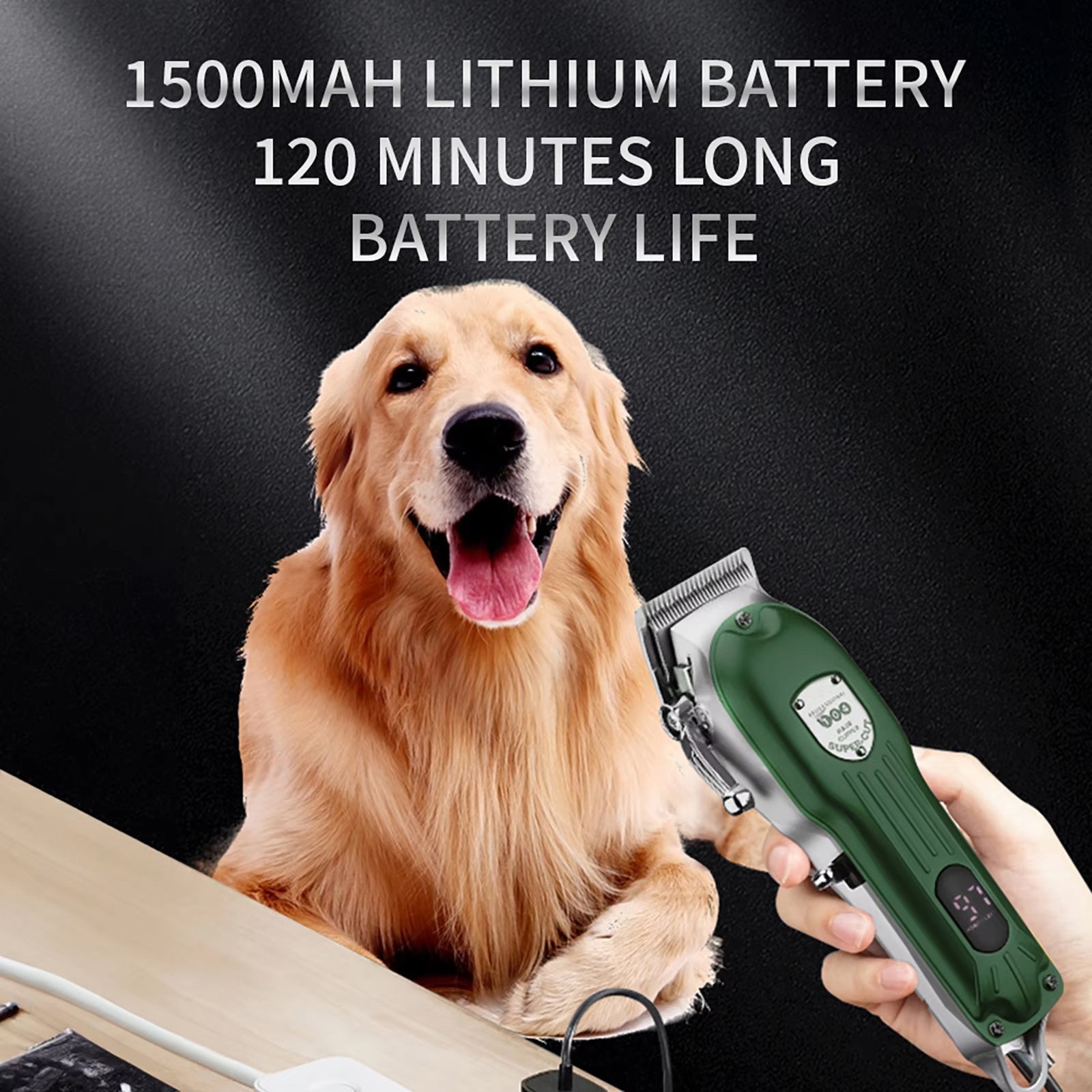Dog with a green Snipawsi Pet Hair Clippers and text about battery life on a black background
