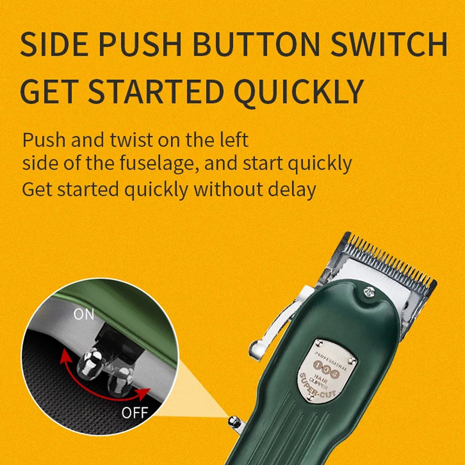Snipawsi Pet Hair Clippers with side push button switch on a yellow background