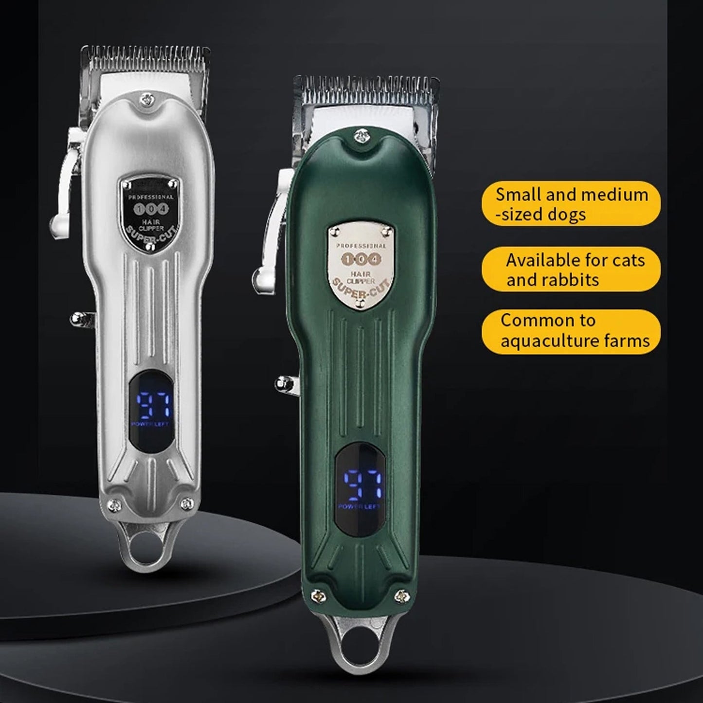 Two Snipawsi Pet Hair Clippers, one silver and one green, on a black background with text about their uses.