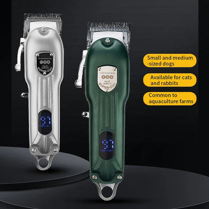 Two Snipawsi Pet Hair Clippers, one silver and one green, on a black background with text about their uses.