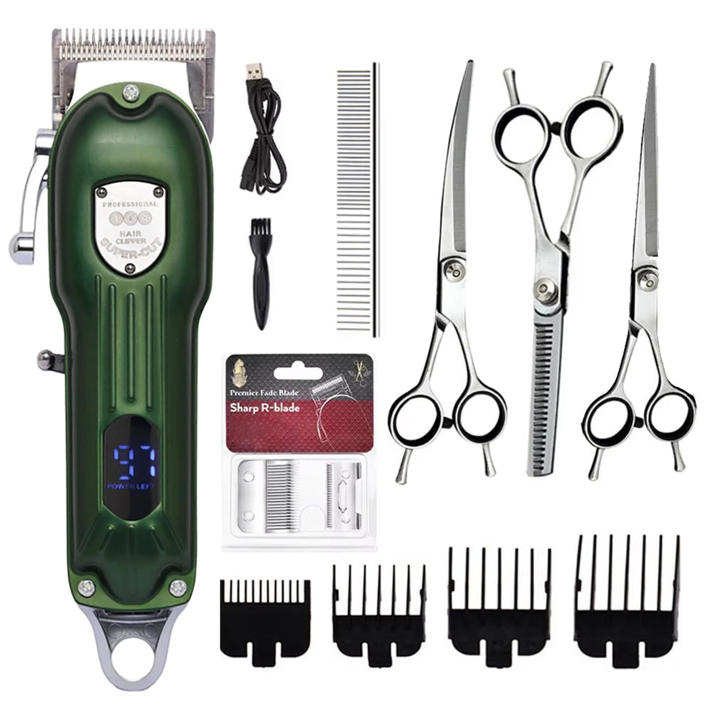 Snipawsi Pet Hair Clippers kit with green clipper, scissors, and attachments on a white background