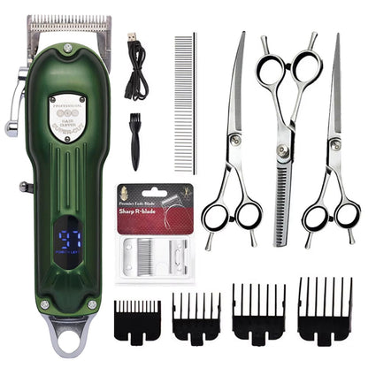 Snipawsi Pet Hair Clippers kit with green clipper, scissors, and attachments on a white background