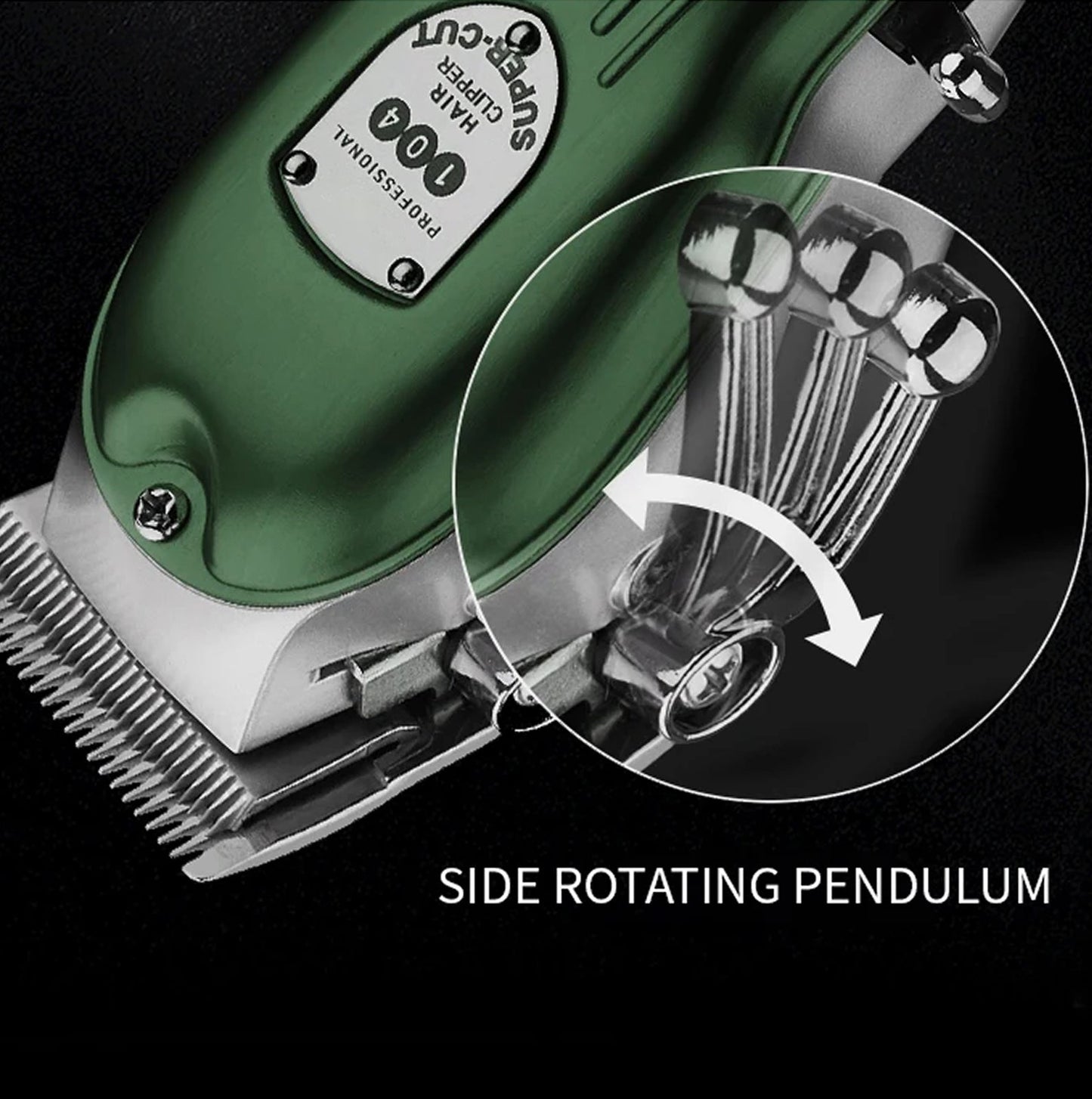 Green and silver Snipawsi Pet Hair Clippers with close-up of side rotating pendulum on a black background