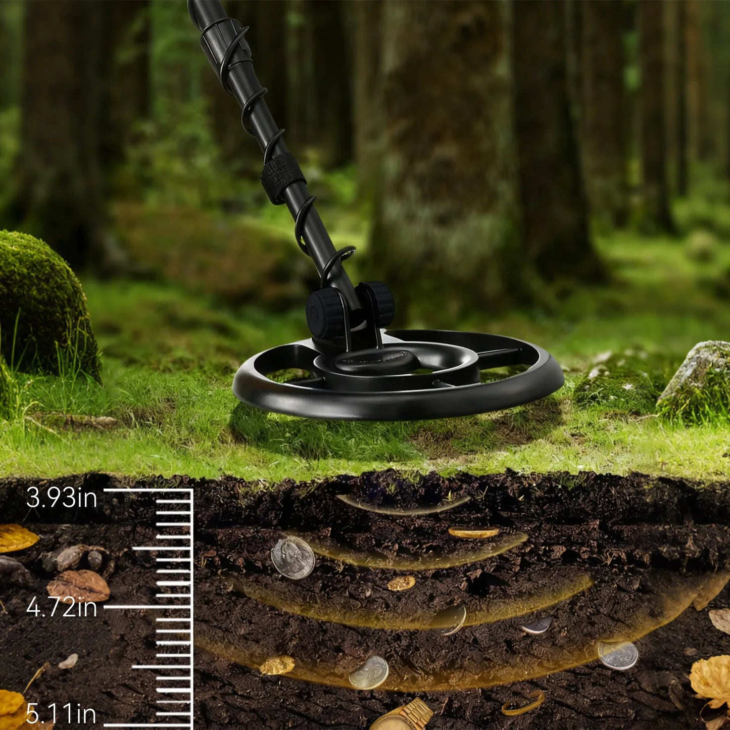 Sonora Metal Detector on grass with a cross-sectional view of the ground showing coins and measurements.